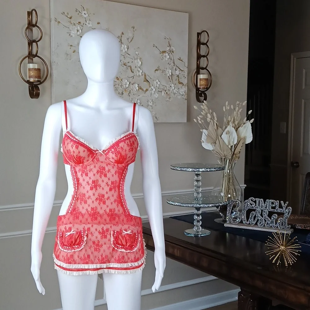Victoria's Secret Super Sexy Floral Lace Apron Lingerie Mini Dress Size 34B